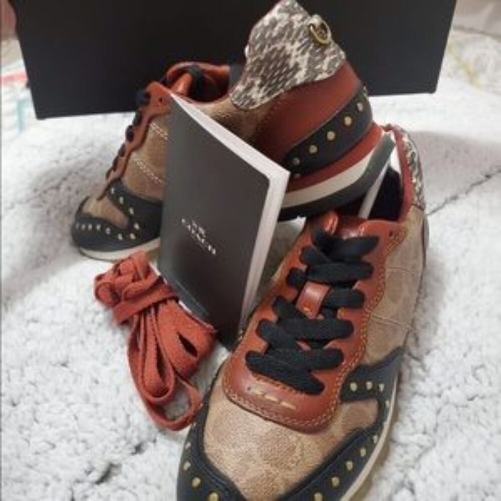 Q20 Coach fab over 50 studs snakeskin leather & canvas Sneakers heavy grip sole